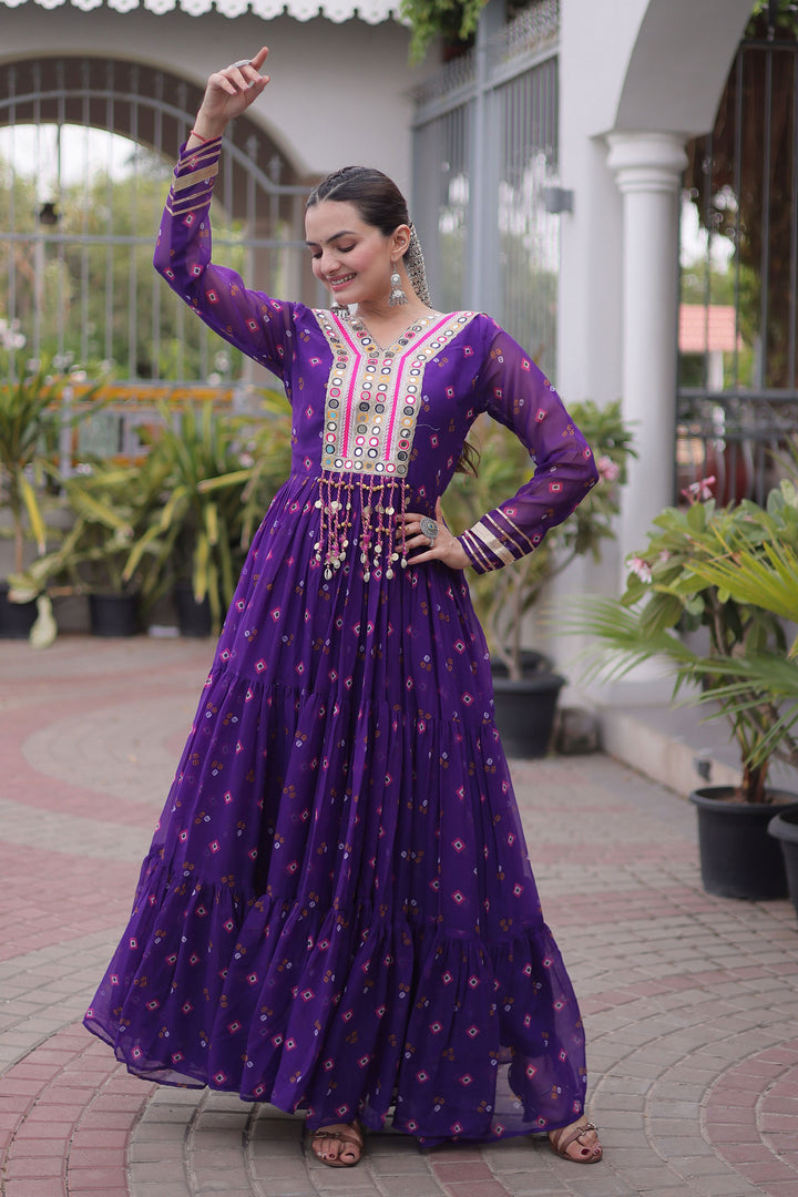 Purple Georgette Readymade Laheriya Printed Gown