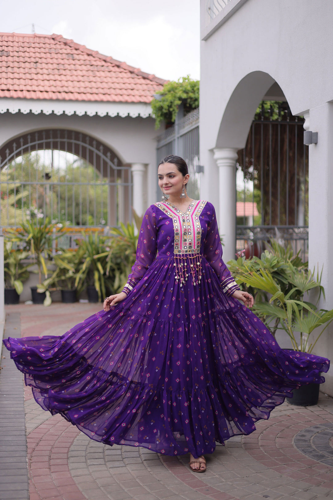 Purple Georgette Readymade Laheriya Printed Gown