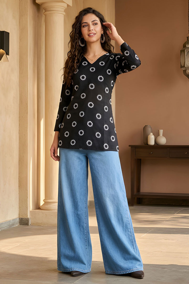 Cotton Black Printed Readymade Short Kurti