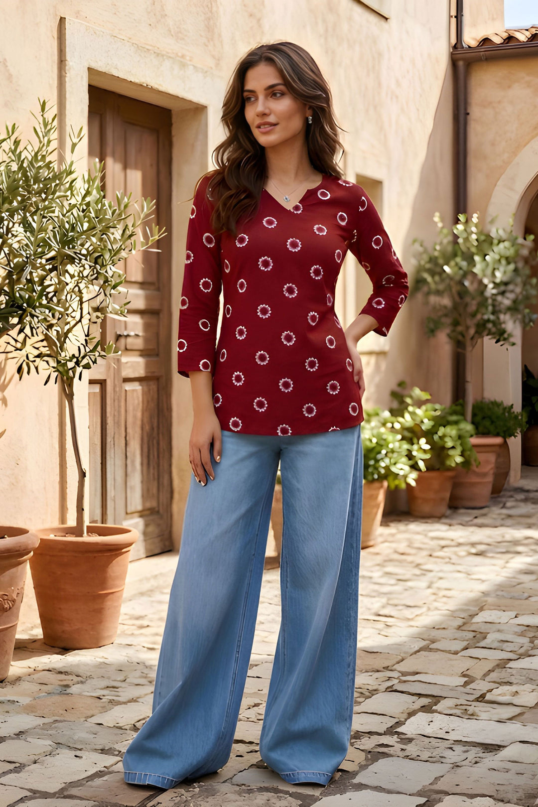 Maroon Cotton Printed Readymade Short Kurti