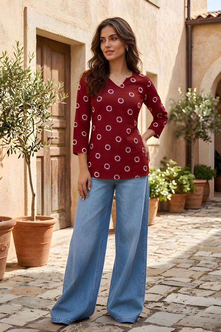 Maroon Cotton Printed Readymade Short Kurti