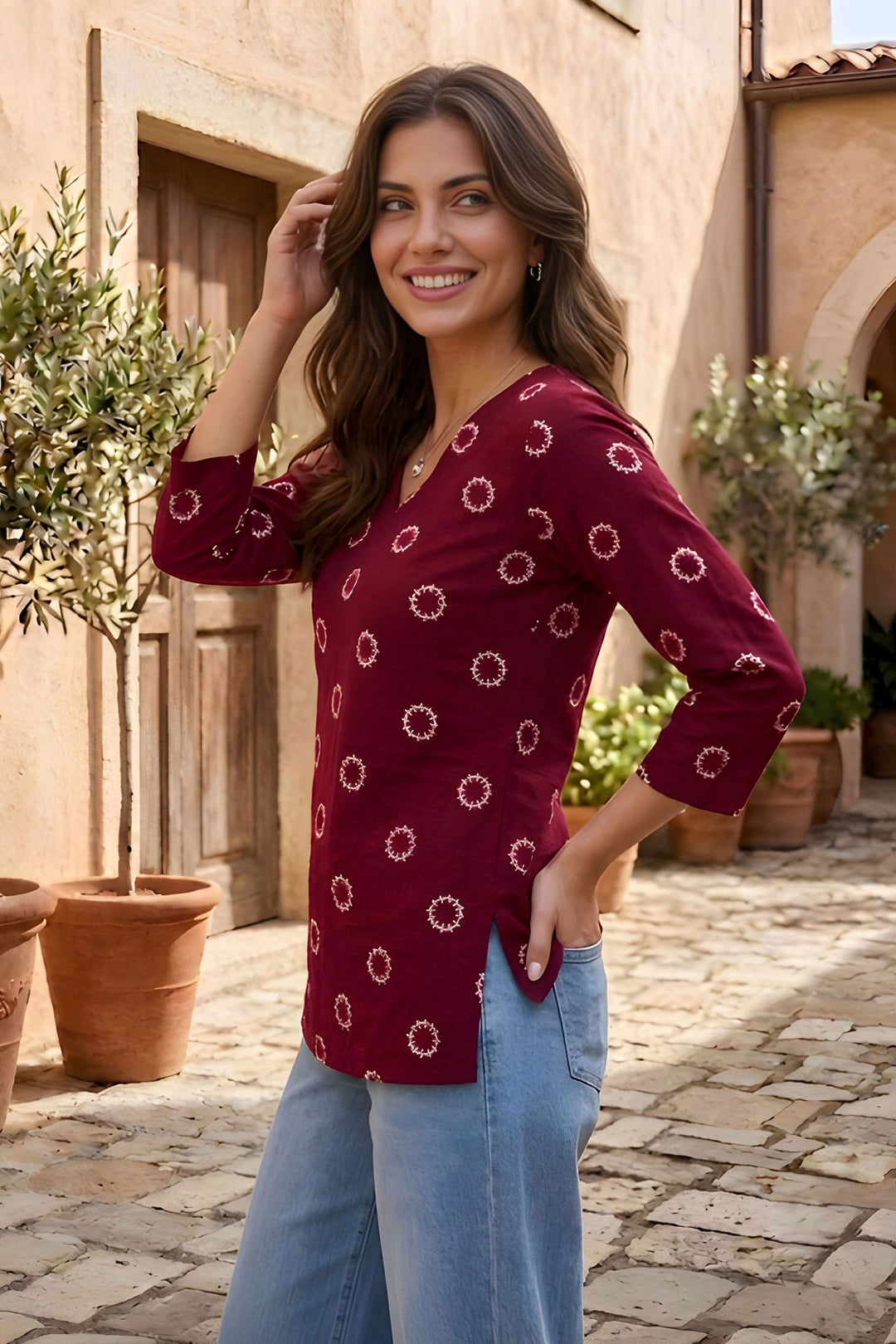 Maroon Cotton Printed Readymade Short Kurti