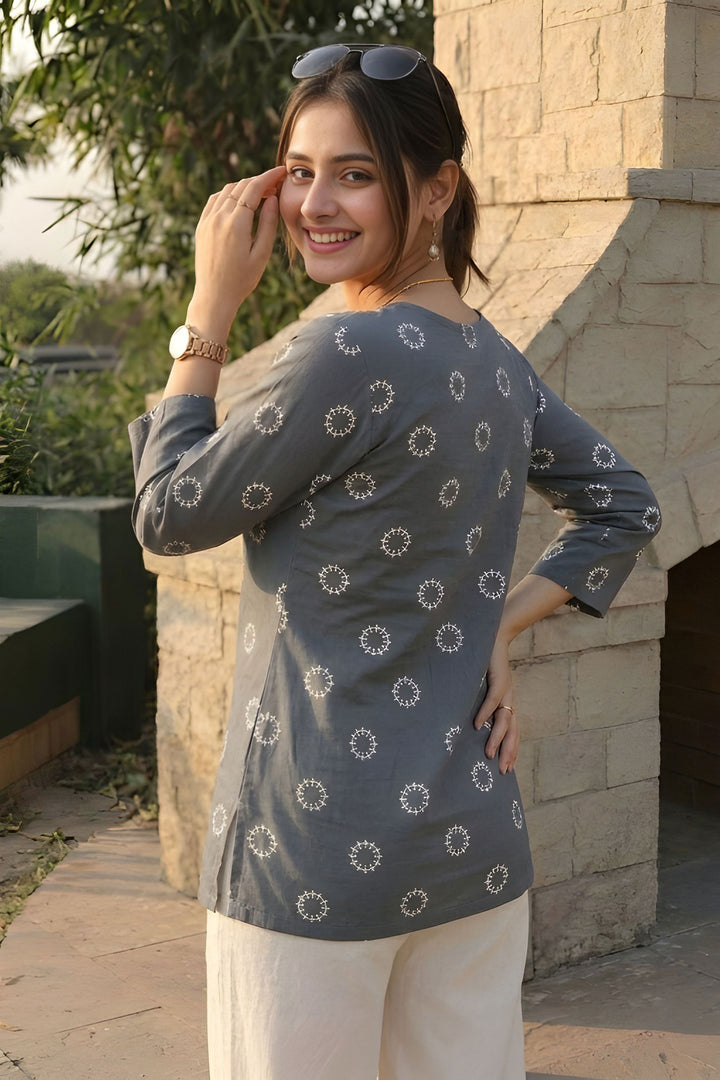 Printed Grey Color Readymade Cotton Short Kurti