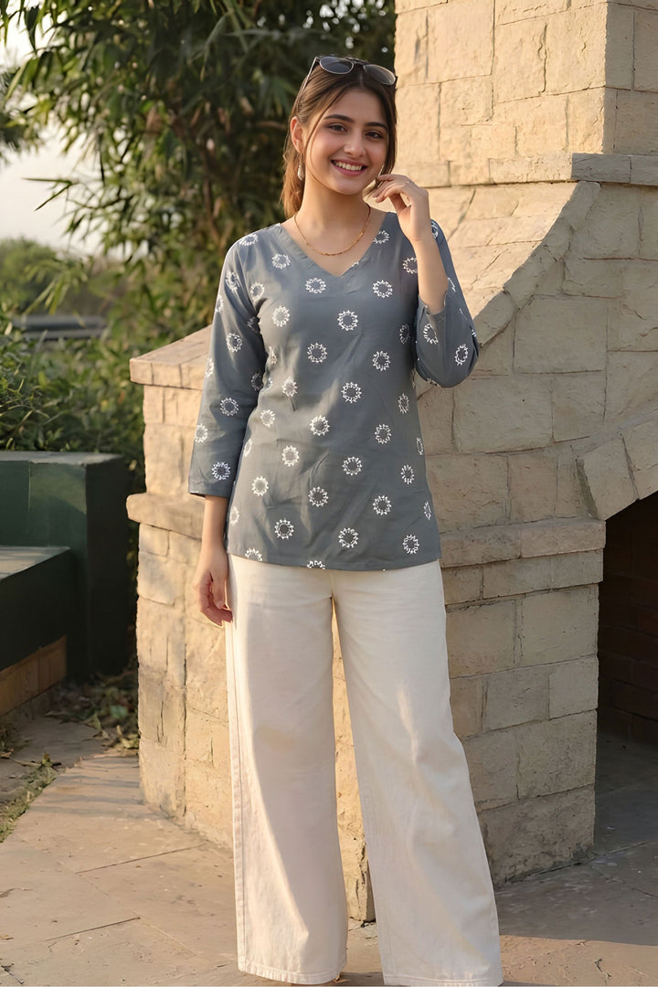 Printed Grey Color Readymade Cotton Short Kurti