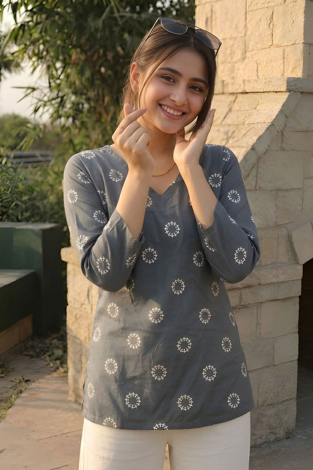 Printed Grey Color Readymade Cotton Short Kurti