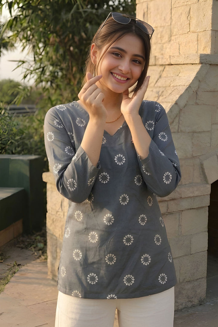 Printed Grey Color Readymade Cotton Short Kurti