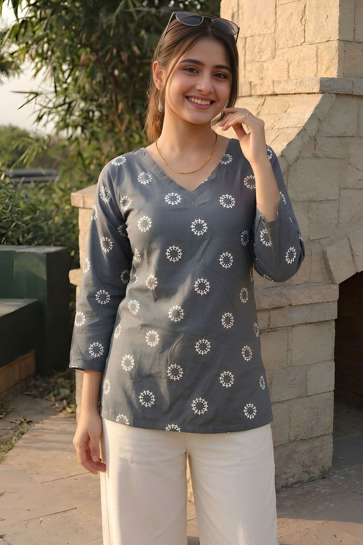Printed Grey Color Readymade Cotton Short Kurti