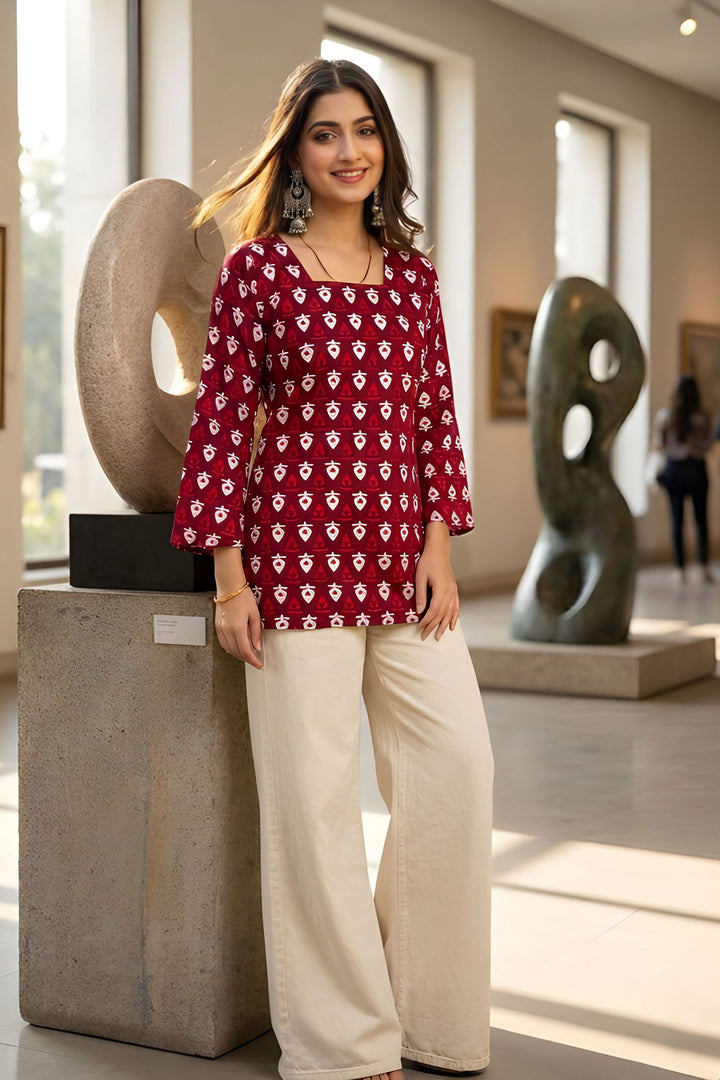 Maroon Color Cotton Readymade Printed Short Kurti