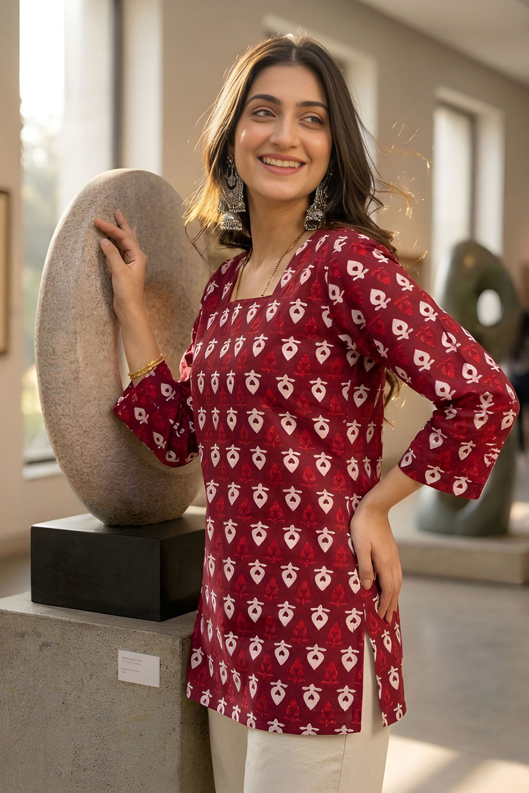 Maroon Color Cotton Readymade Printed Short Kurti