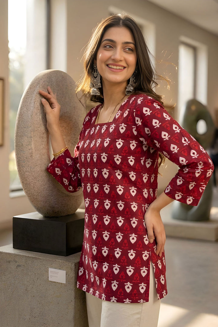 Maroon Color Cotton Readymade Printed Short Kurti