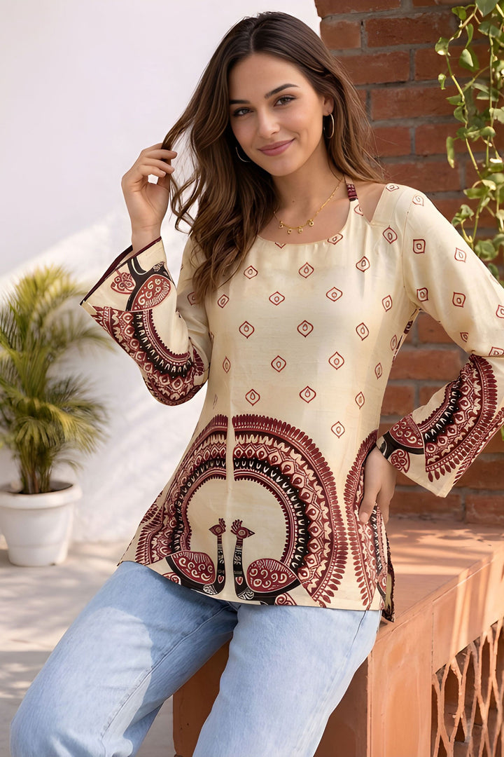 Kalamkari Printed Off White Readymade Short Kurti