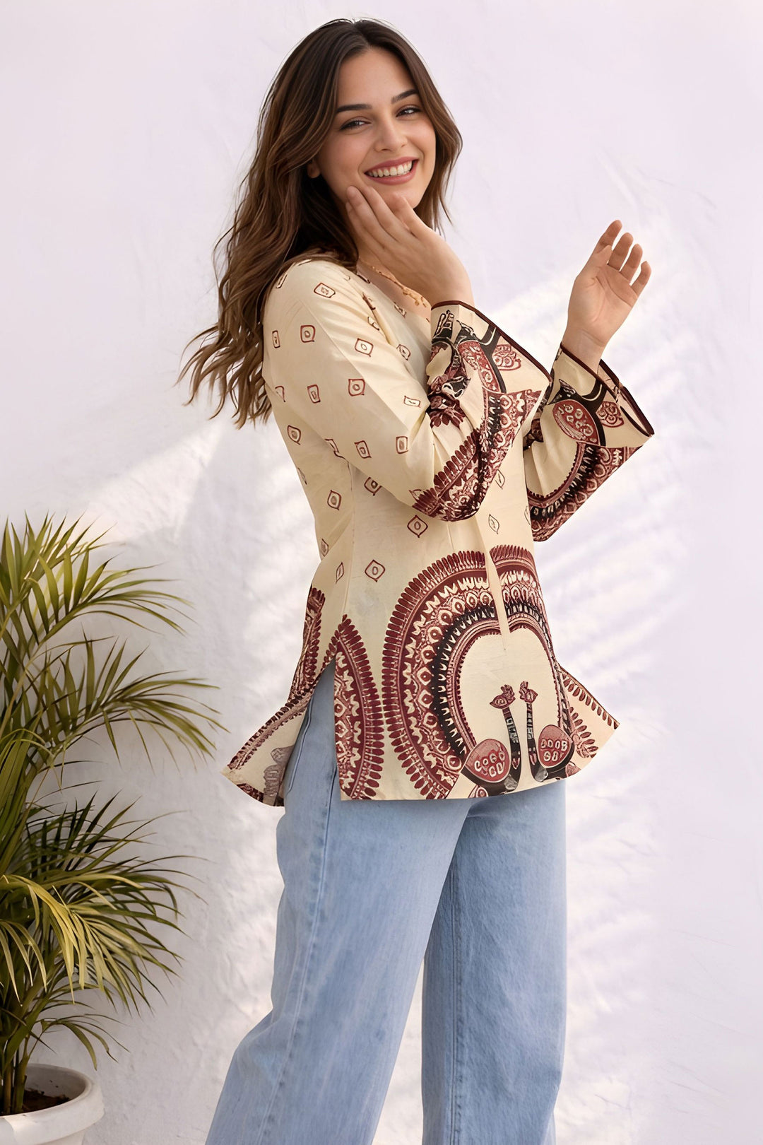Kalamkari Printed Off White Readymade Short Kurti