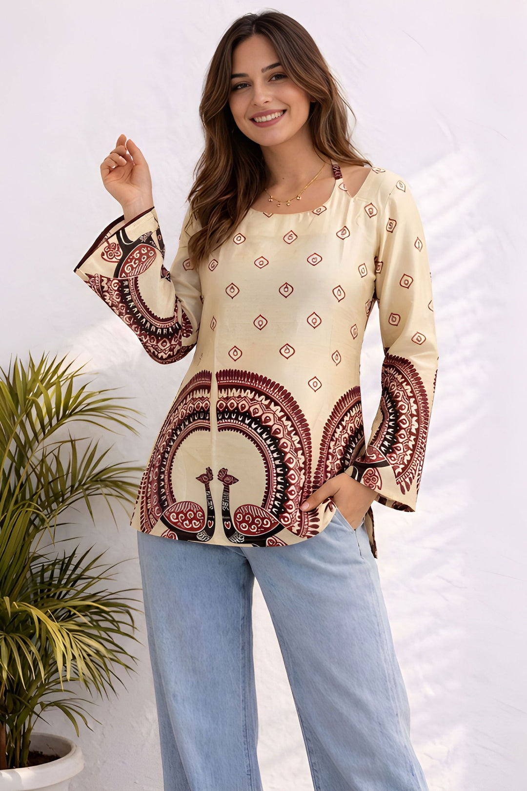 Kalamkari Printed Off White Readymade Short Kurti