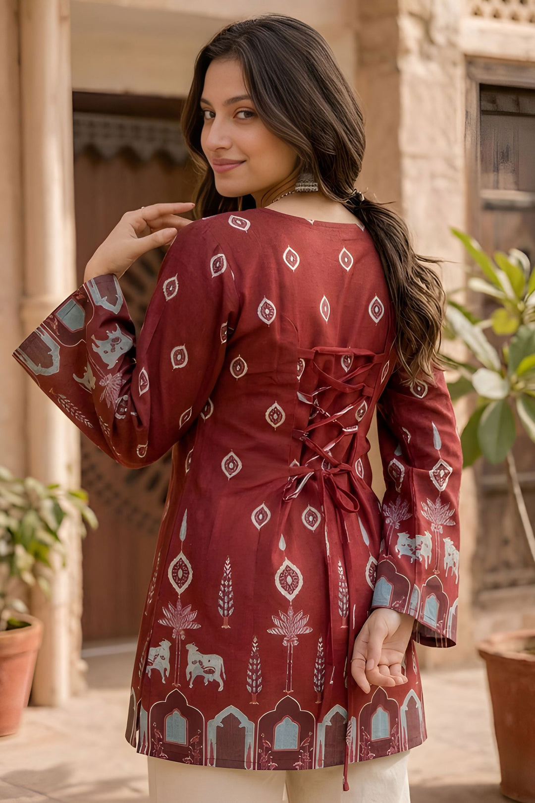 Amazing Kalamkari Printed Brown Readymade Short Kurti