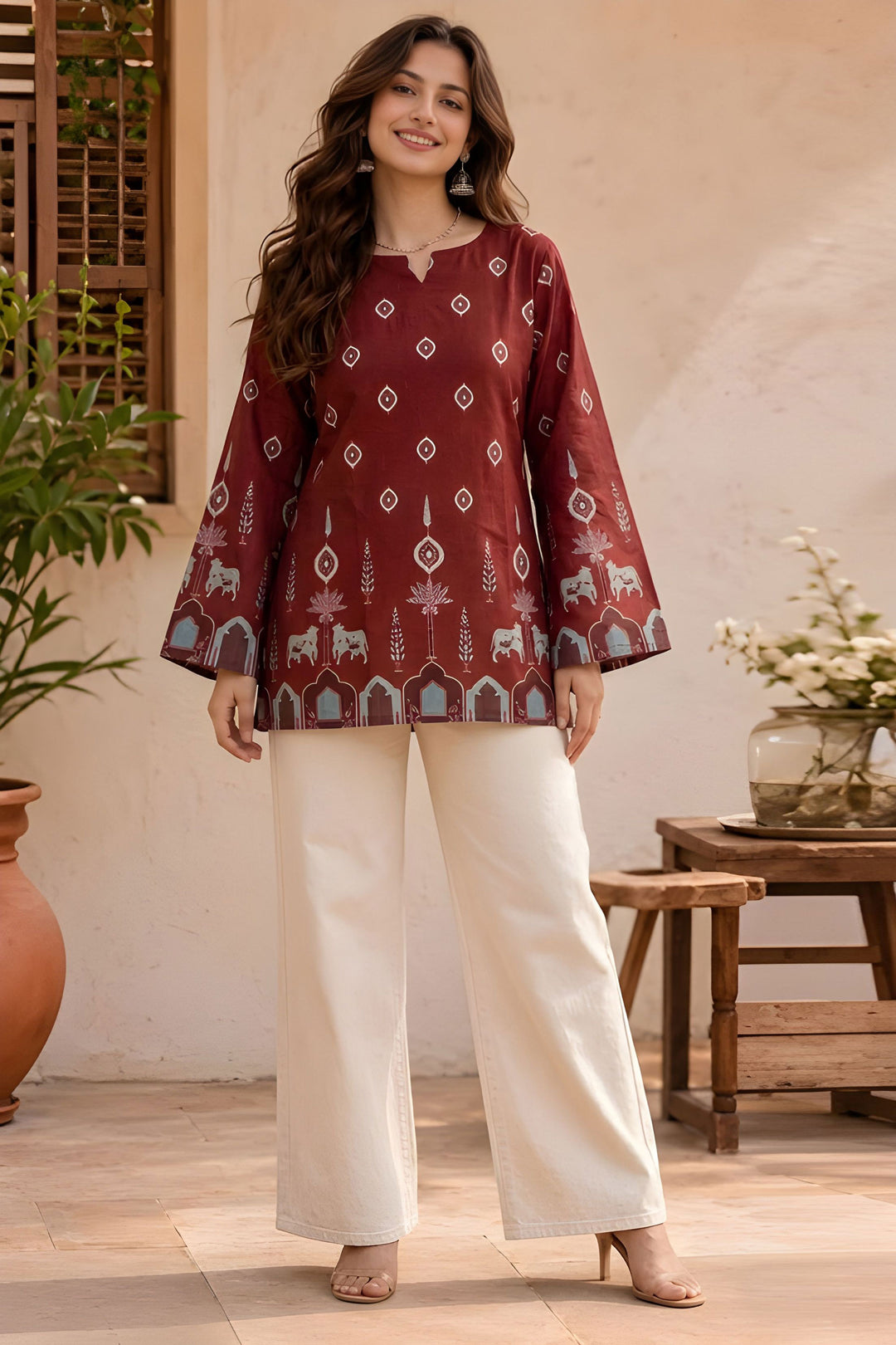 Amazing Kalamkari Printed Brown Readymade Short Kurti
