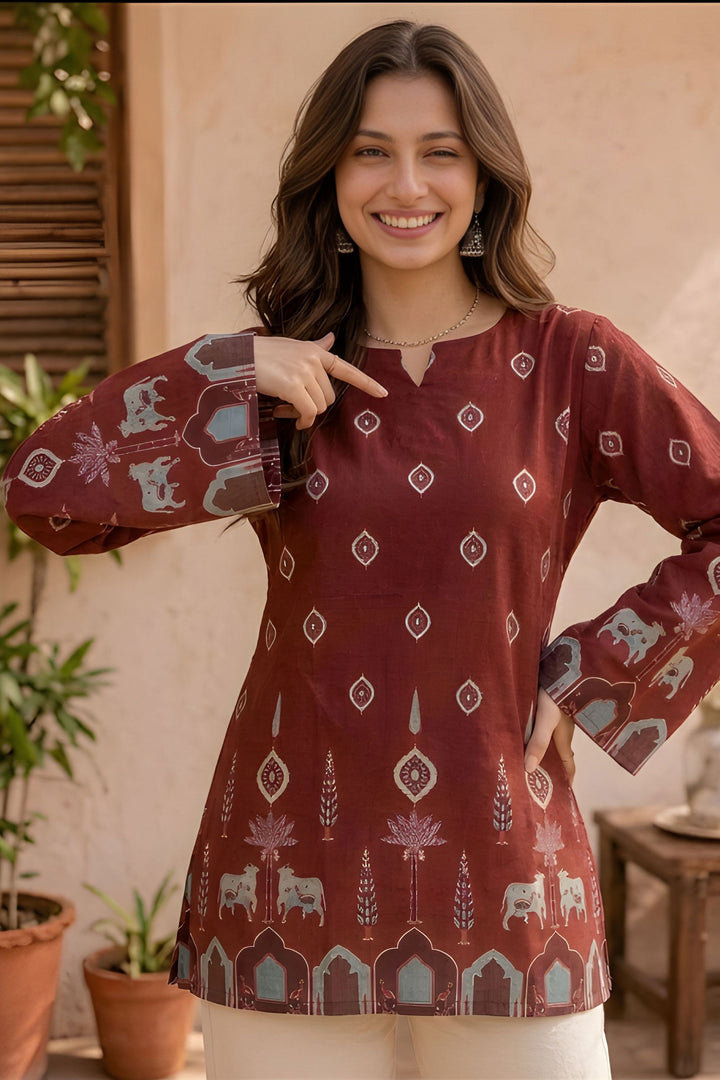 Amazing Kalamkari Printed Brown Readymade Short Kurti