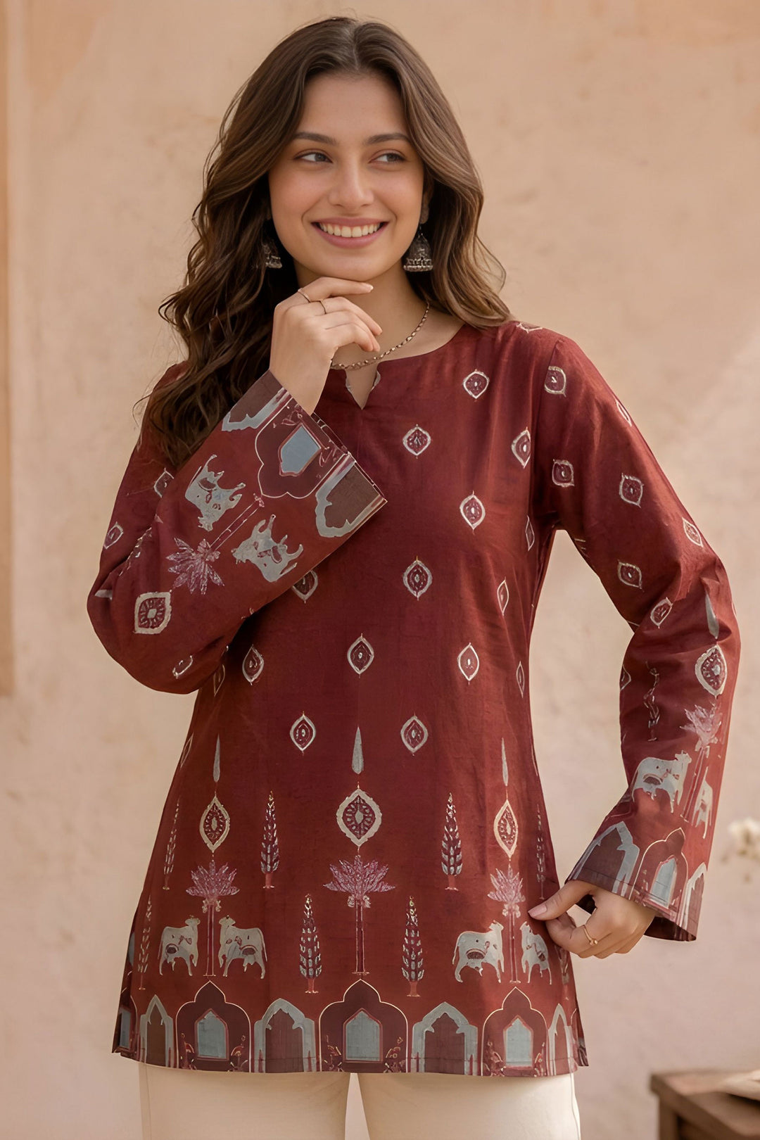 Amazing Kalamkari Printed Brown Readymade Short Kurti