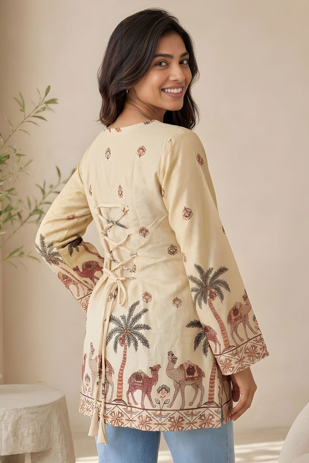 Trendy Off White Readymade Kalamkari Printed Short Kurti
