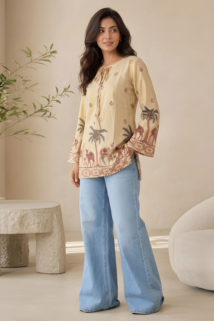 Trendy Off White Readymade Kalamkari Printed Short Kurti