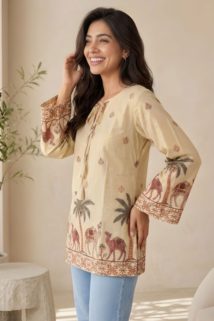 Trendy Off White Readymade Kalamkari Printed Short Kurti