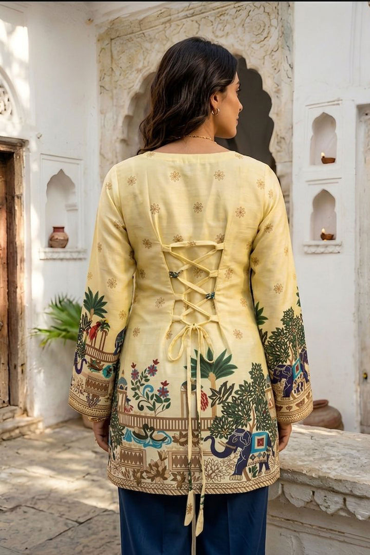 Yellow Kalamkari Printed Chic Readymade Short Kurti