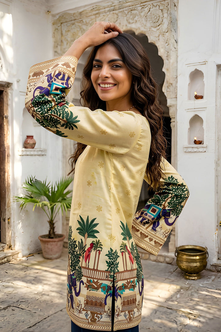 Yellow Kalamkari Printed Chic Readymade Short Kurti