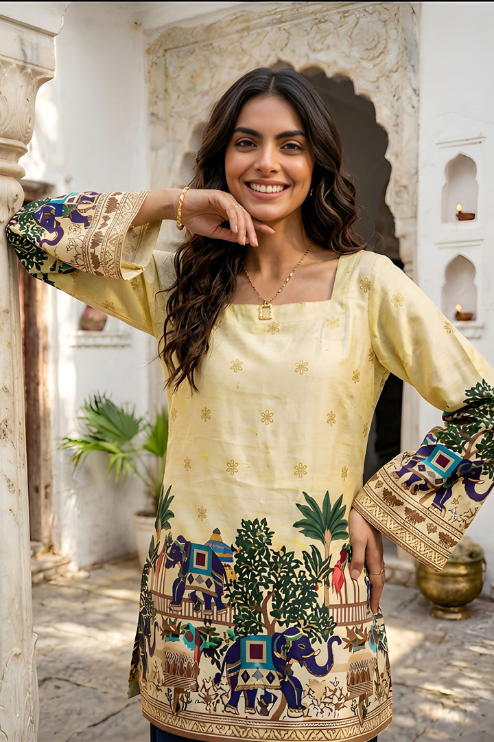 Yellow Kalamkari Printed Chic Readymade Short Kurti