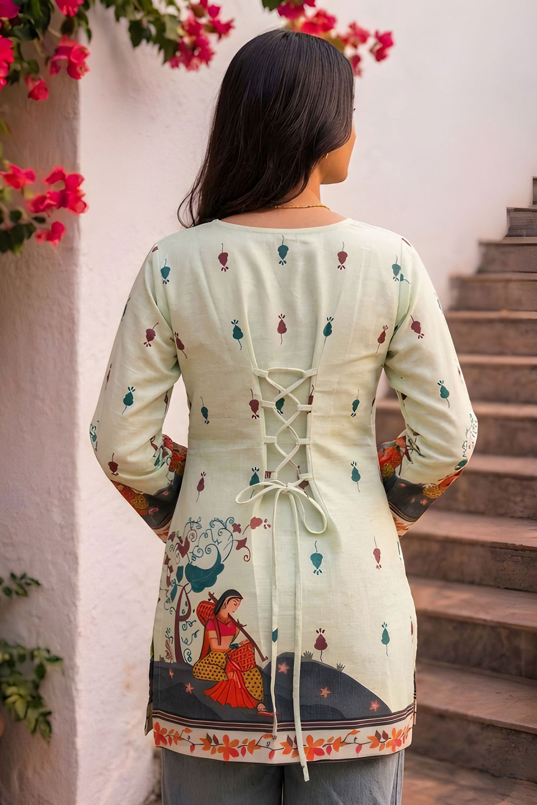 Kalamkari Printed Cream Color Readymade Short Kurti