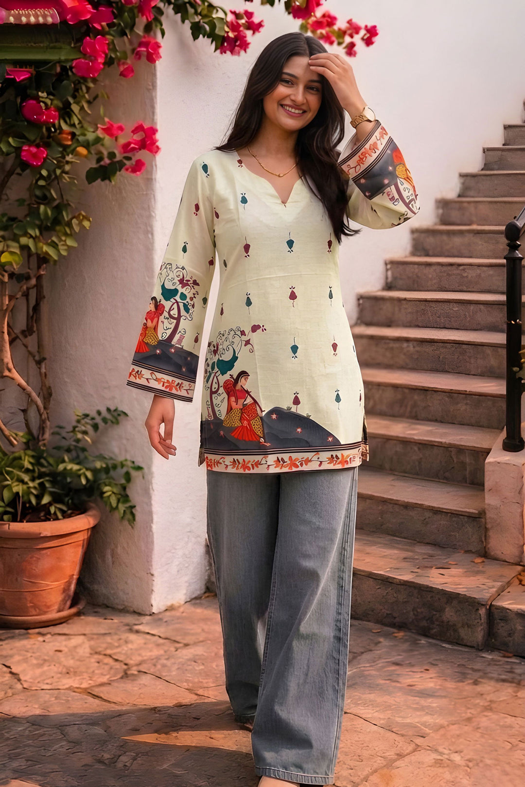 Kalamkari Printed Cream Color Readymade Short Kurti