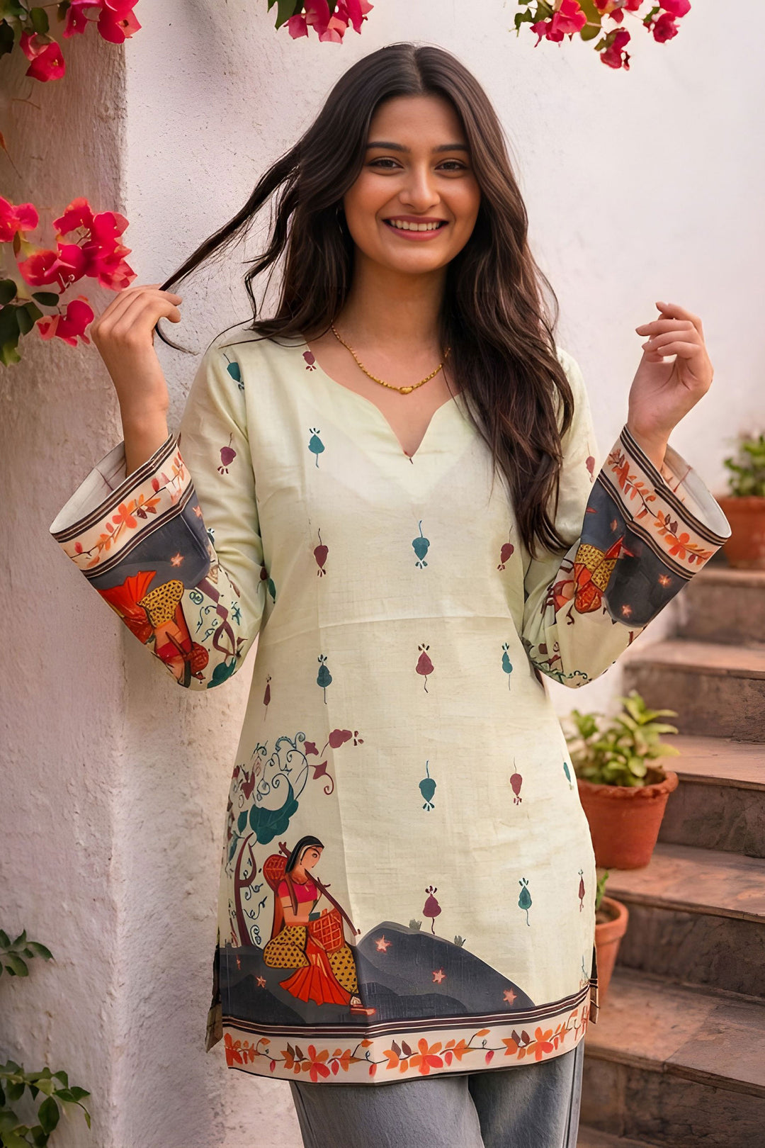 Kalamkari Printed Cream Color Readymade Short Kurti