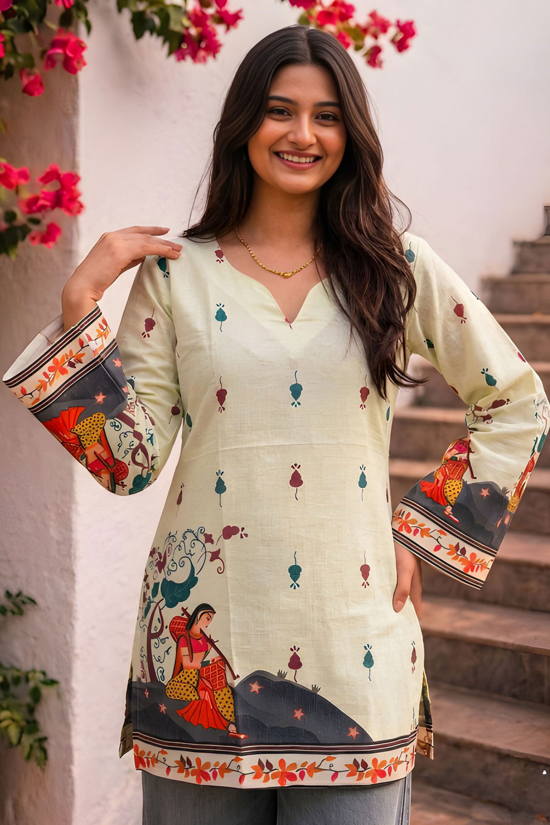 Kalamkari Printed Cream Color Readymade Short Kurti