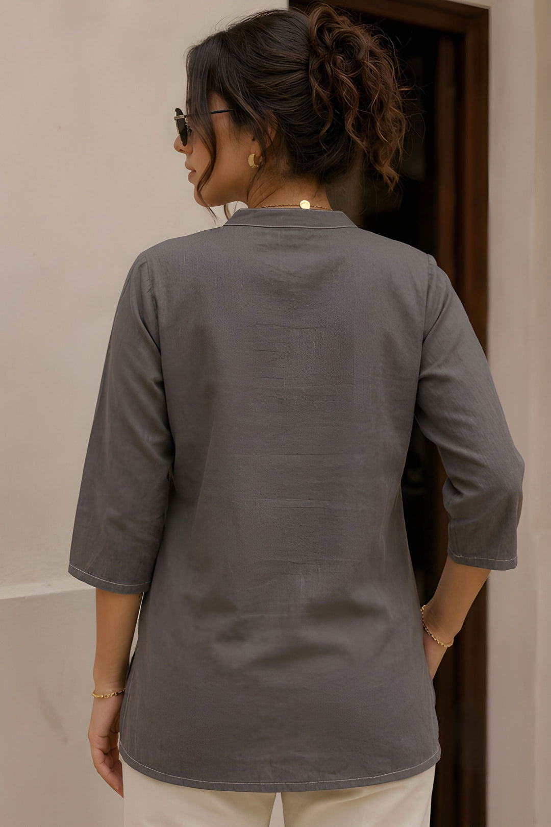 Grey Floral Printed Cotton Readymade Short Kurti