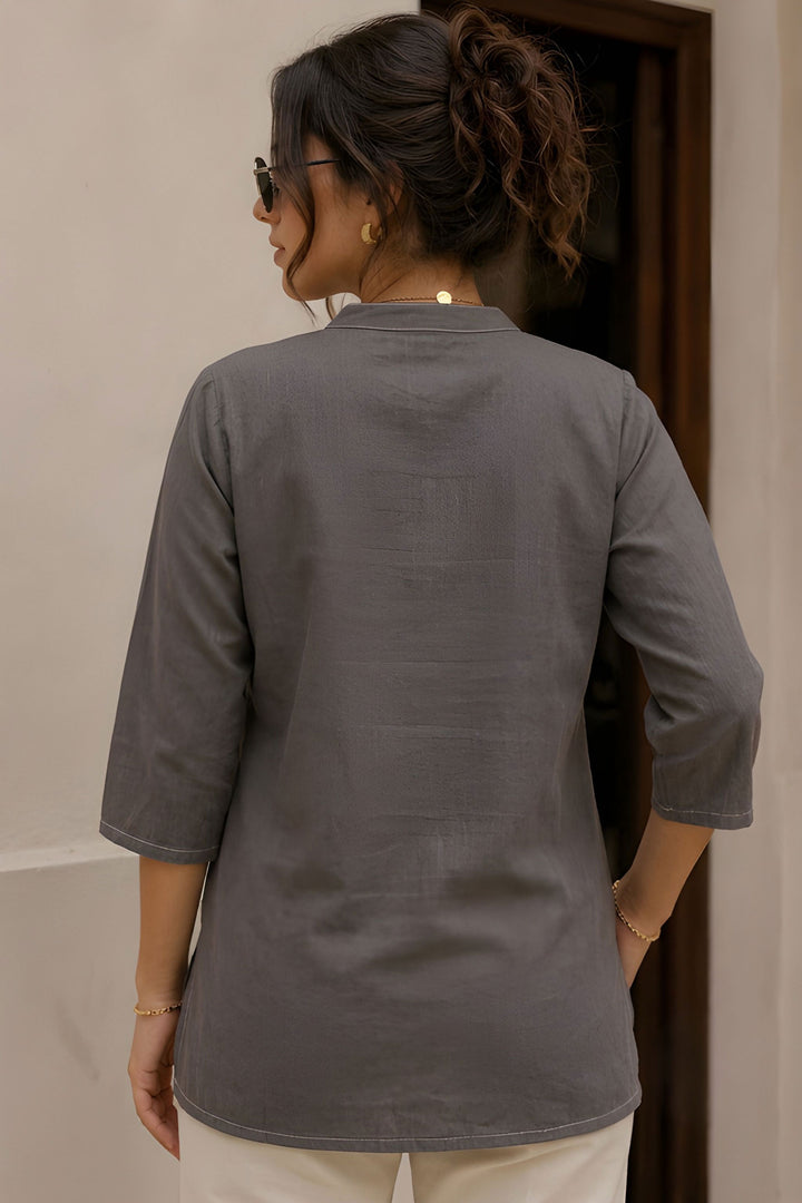 Grey Floral Printed Cotton Readymade Short Kurti