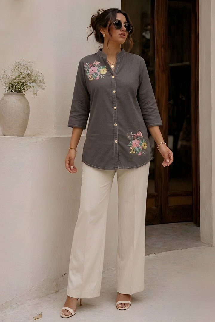 Grey Floral Printed Cotton Readymade Short Kurti