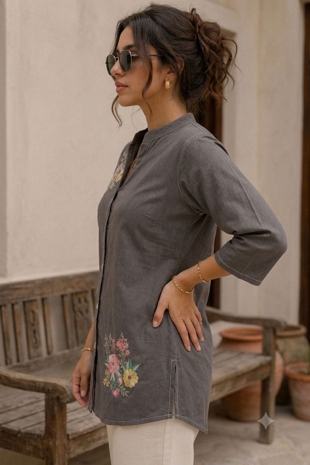 Grey Floral Printed Cotton Readymade Short Kurti
