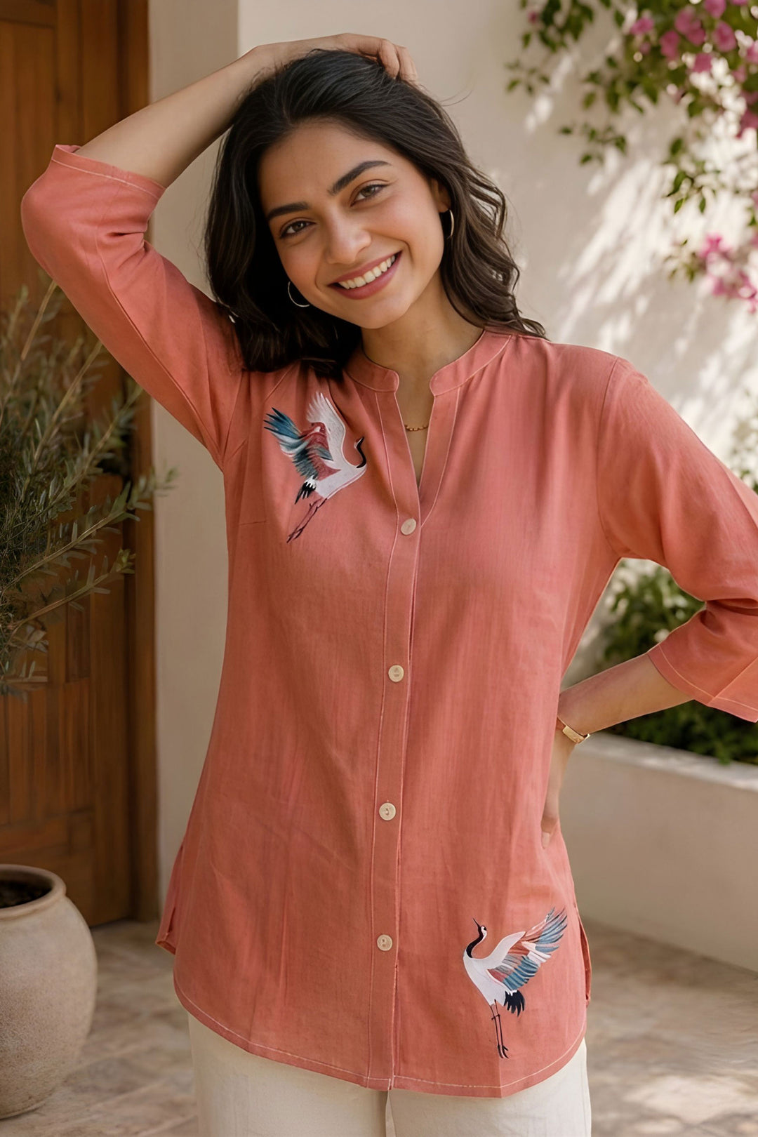 Graceful Peach Floral Printed Readymade Short Kurti