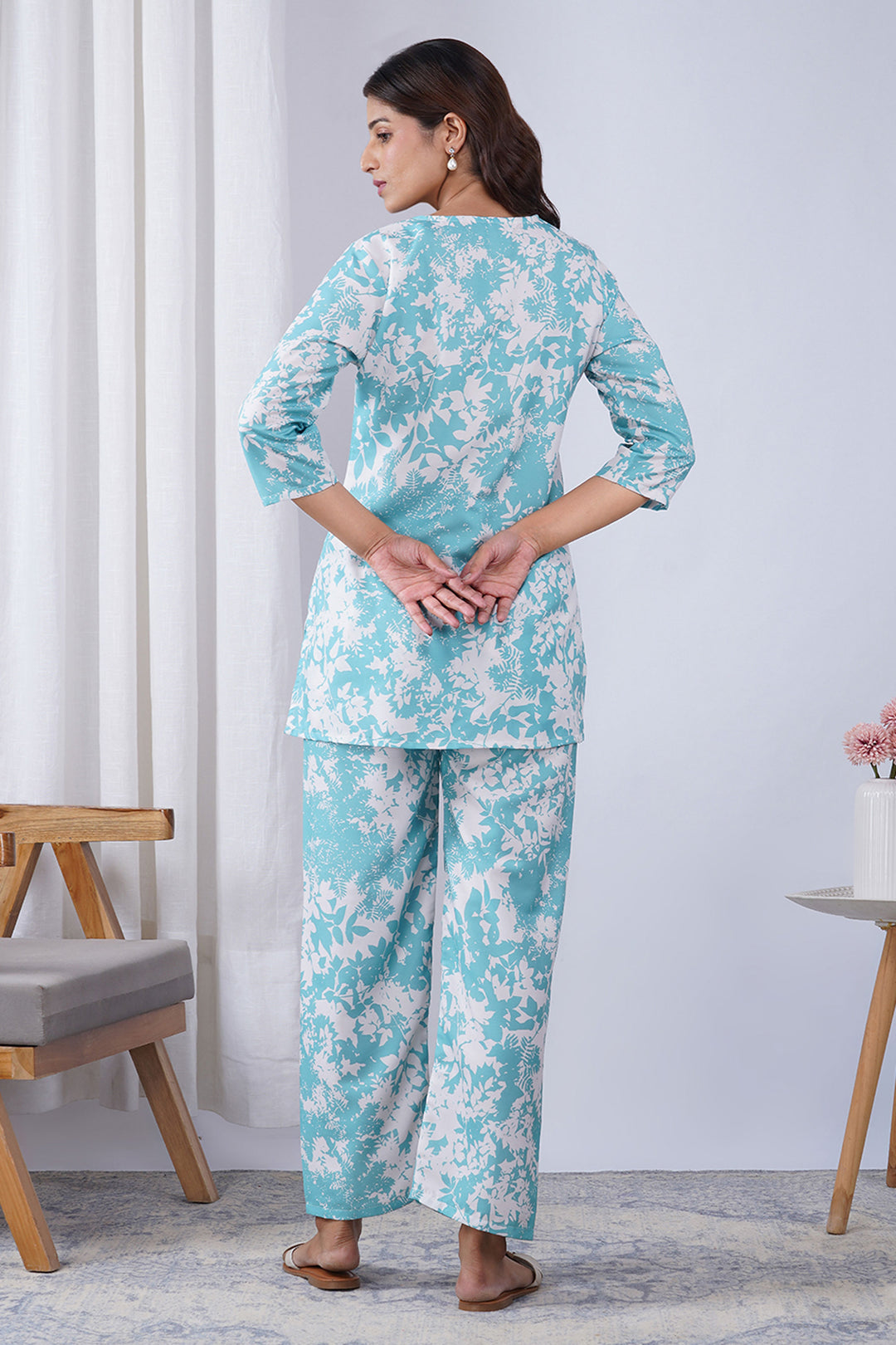 Rayon Fabric Sky Blue Color Printed Co-Ord Set