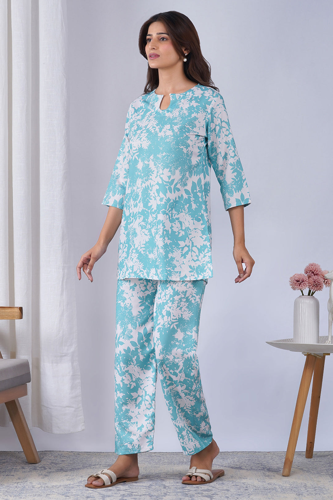 Rayon Fabric Sky Blue Color Printed Co-Ord Set