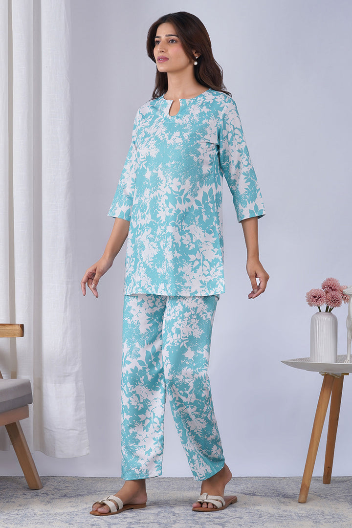 Rayon Fabric Sky Blue Color Printed Co-Ord Set