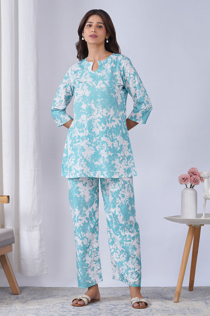 Rayon Fabric Sky Blue Color Printed Co-Ord Set