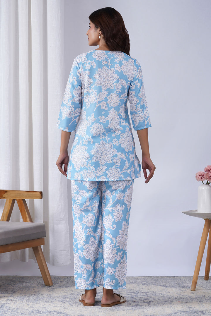 Sky Blue Color Rayon Fabric Printed Co-Ord Set