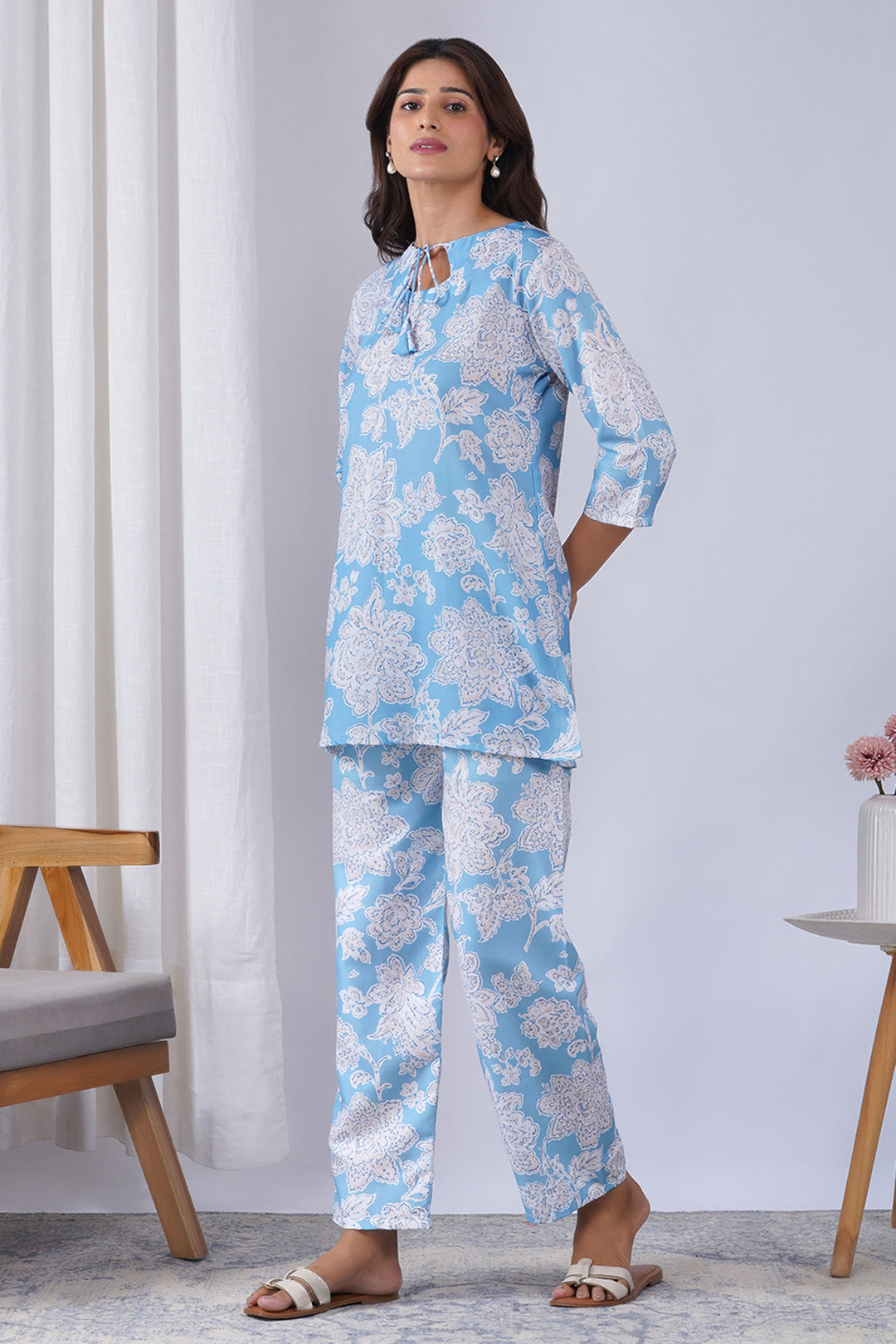 Sky Blue Color Rayon Fabric Printed Co-Ord Set