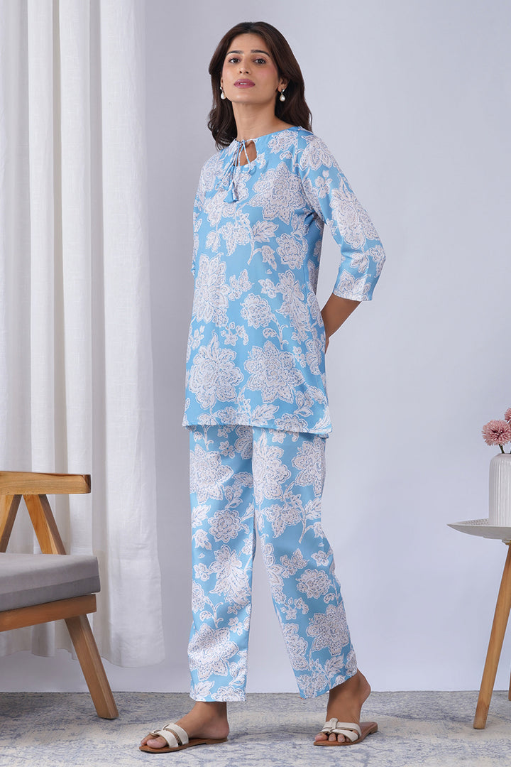 Sky Blue Color Rayon Fabric Printed Co-Ord Set