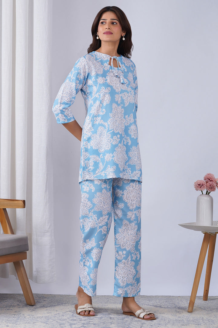 Sky Blue Color Rayon Fabric Printed Co-Ord Set