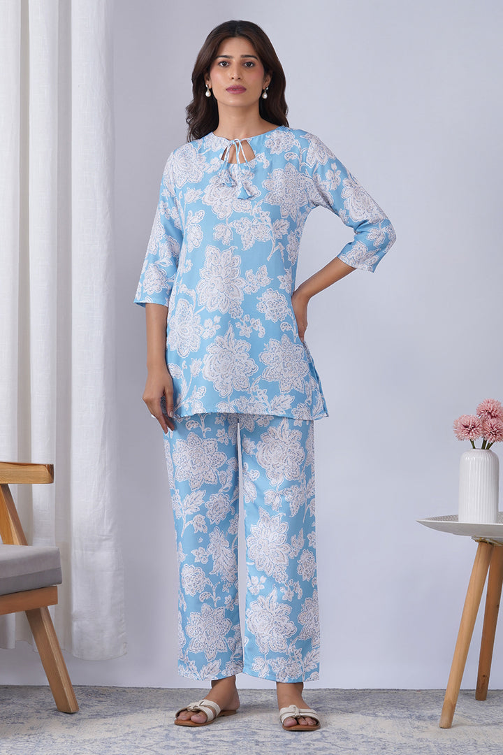 Sky Blue Color Rayon Fabric Printed Co-Ord Set