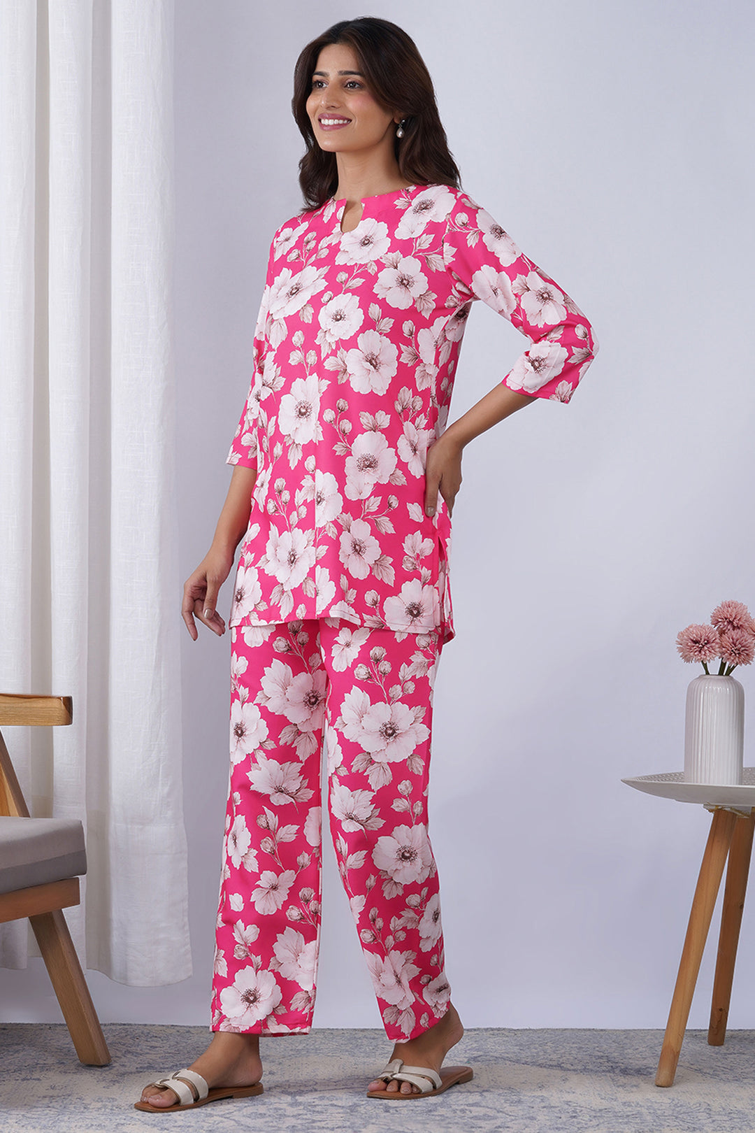 Rayon Fabric Pink Color Printed Co-Ord Set