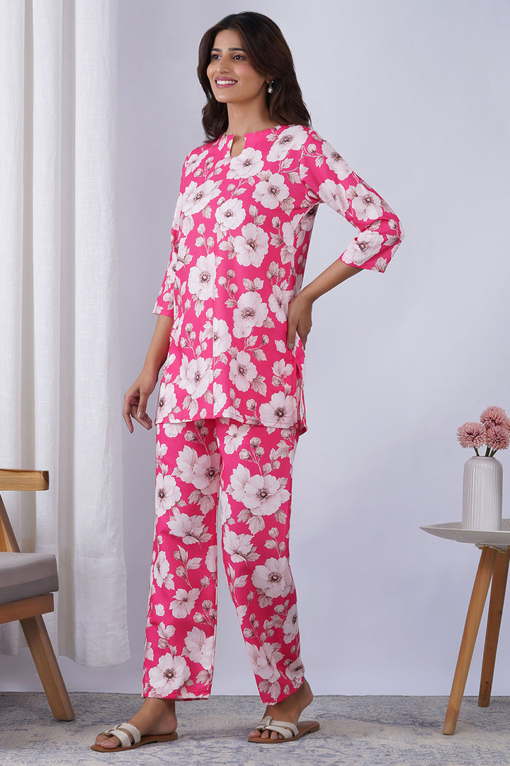 Rayon Fabric Pink Color Printed Co-Ord Set