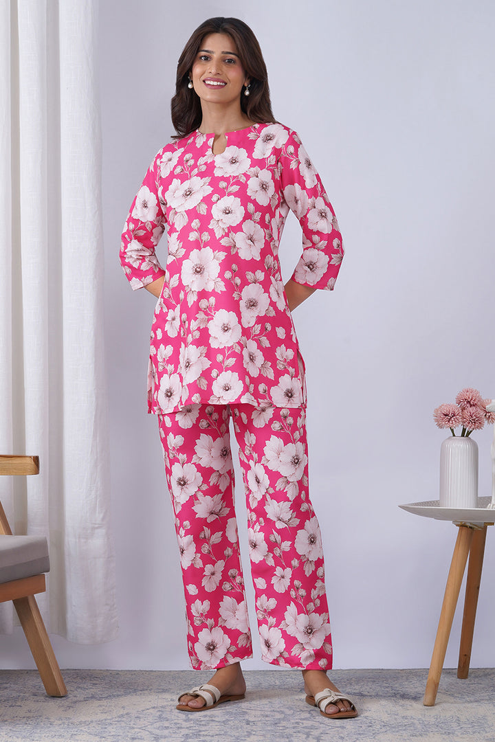 Rayon Fabric Pink Color Printed Co-Ord Set