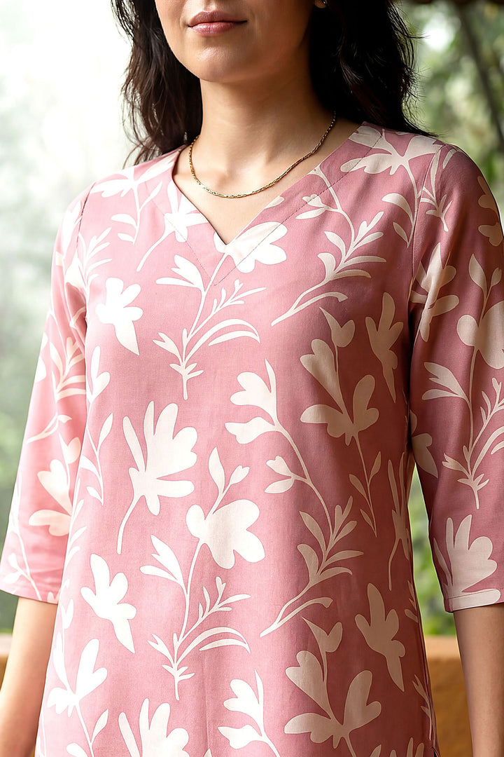 Pink Color Rayon Fabric Readymade Printed Co-Ord Set