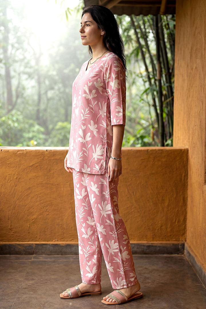 Pink Color Rayon Fabric Readymade Printed Co-Ord Set